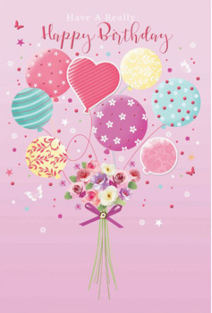 A tender, imaginative birthday scene appears as if painted in the soft, early light that often spills over West Norwood's rooftops. At its centre floats a cluster of pastel balloons, rising against a delicate pink backdrop that feels as gentle as dawn. Each balloon has its own personality: some wear candy-like stripes that twist and turn, others are dusted with tiny polka dots or dreamy swirls in sea green, butter yellow, and blush rose, giving the impression of joyful movement. Among them, a slightly more radiant balloon glows with warmth, like the feeling of being sung 'happy birthday' by close family. Suspended below, a hand-tied bouquet anchors the design, as though the flowers have been lifted straight from a neighbour's garden near Norwood High Street and carried up into the sky. The blooms appear velvety and full, reminiscent of petite roses and daisy-style flowers, their petals graded from creamy ivory to soft pink and whispering lavender. Highlights on the petals suggest freshness and dewy softness, evoking the scent of sweet, comforting blossoms. A shimmering purple bow gathers the stems at the base, its satin loops carefully arranged, echoing the skill of a seasoned local florist who knows how to balance whimsy with elegance. Tiny stars and fluttering details drift around the balloons and bouquet, as if birthday magic were sparkling in the air over nearby Norwood Park. Together, the floating balloons, the delicate florals, and the luminous background create a scene of quiet jubilation, a birthday greeting that feels both imaginative and deeply personal.