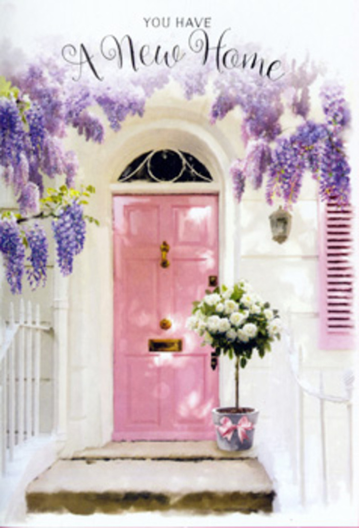 The photograph shows a tranquil, storybook-style doorway in West Norwood, the sort you might pass on a stroll from Knights Hill toward the quieter residential roads, suddenly pausing to admire its quiet charm. At its centre is a smooth pink front door, painted in a soft, rosy pastel that radiates warmth and gentleness against the surrounding whitewashed walls. A single shutter, painted in a complementary shade, is partly open to the light, tying the façade together with a cohesive blush tone. Overhead and down the sides, mature wisteria tumbles in full bloom, heavy with clusters of lavender and soft violet flowers that hang in rope-like strands, forming a romantic canopy that frames the door. The blossoms look almost velvety, as if perfuming the air with a sweet, powdery scent carried on a mild West Norwood breeze. Resting neatly on the stone step, at the exact point where outdoors becomes indoors, sits a simple grey metal bucket. It is filled to overflowing with creamy white roses, densely petalled and luxuriously rounded, mingling with sprigs of tender green foliage that peek out at different angles. Around the base of the bucket, a satin ribbon in pale pink has been wrapped and tied into a tasteful bow, echoing the door's colour and adding a delicate, celebratory touch. Gentle light falls across the scene, creating soft shadows beneath the wisteria and giving the roses a luminous quality, as though ready to greet the new homeowners returning from a day exploring Crystal Palace or Central London. The overall mood is one of hopeful transition and heartfelt welcome, perfectly suited to congratulate someone on receiving their keys, starting a new chapter, or simply making their house in SE27 finally feel like home.